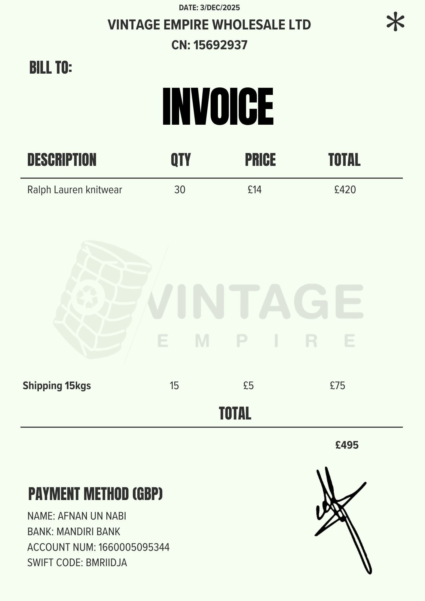 CUSTOM ORDER 79 Vintage Empire Wholesale