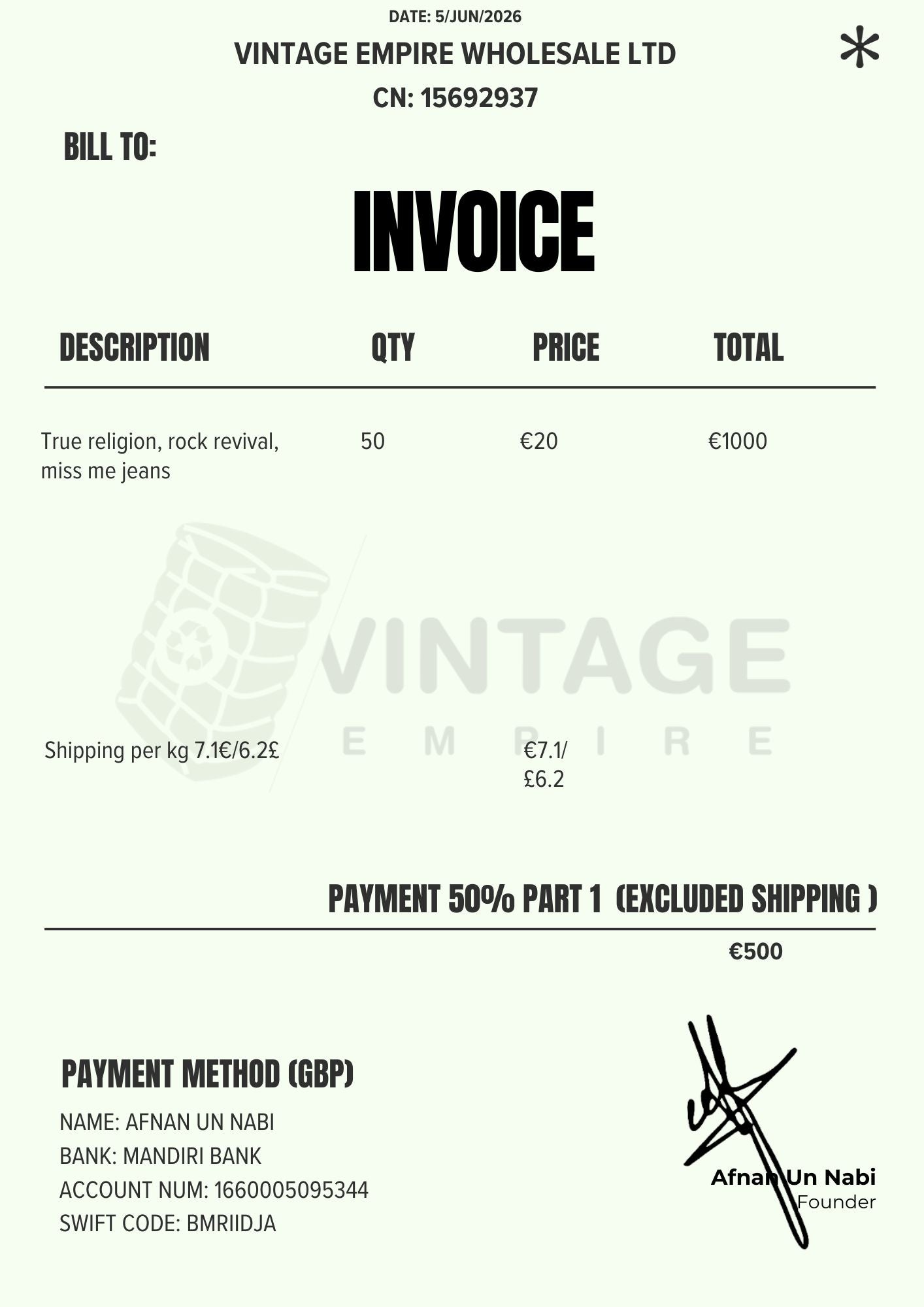 CUSTOM ORDER 199 Vintage Empire Wholesale